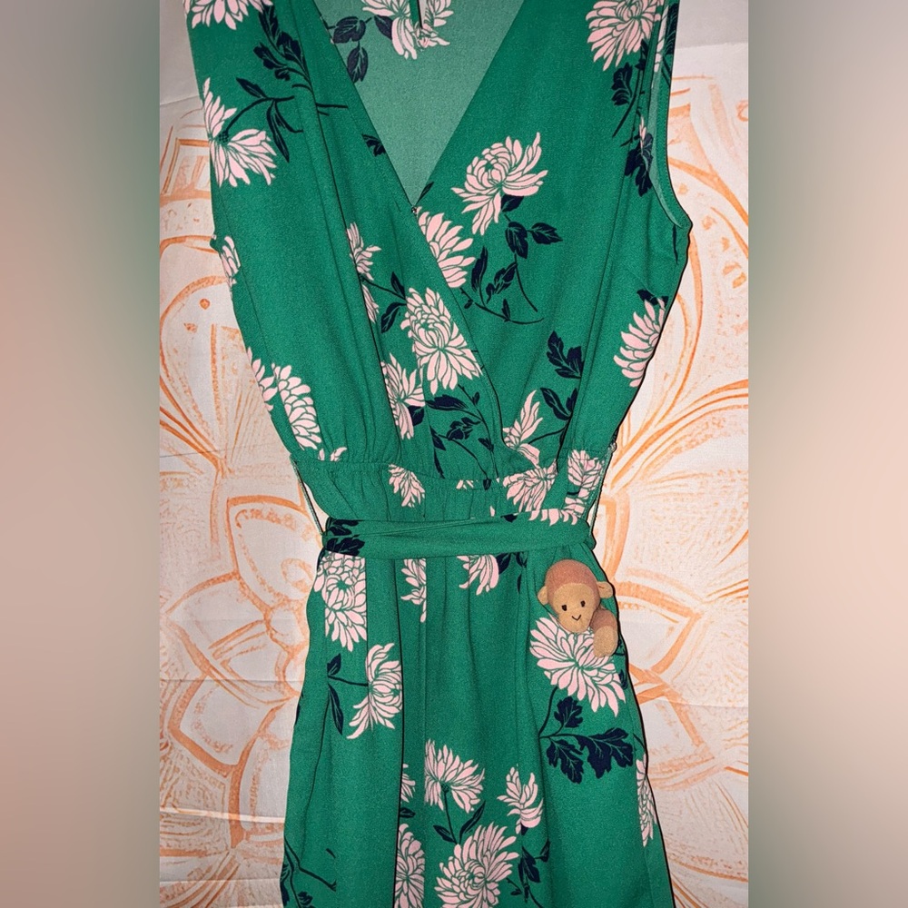 Forever 21 Green Sleeveless Wrap Jumpsuit w/ a Black Bird Print Mini Dress - Picture 2 of 14